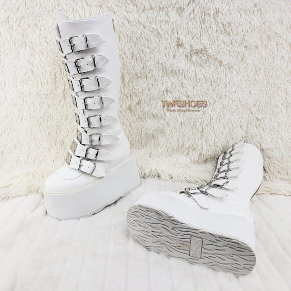 White Platform Goth Punk Rave Festival Knee Boots - Picture 4 of 11